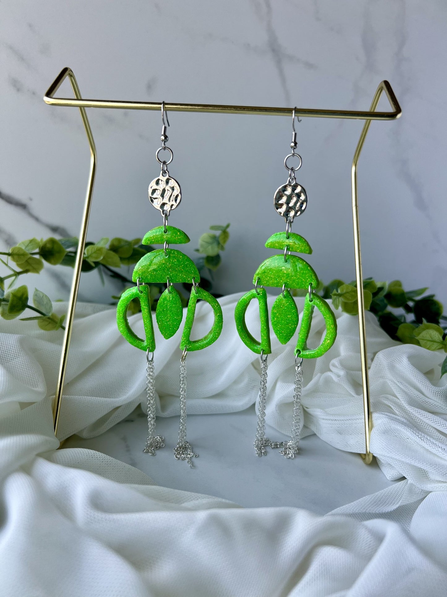 Neon Green Glitter with Silver Chain Dangles