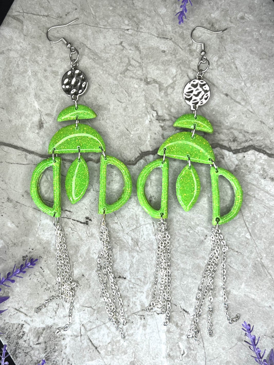 Neon Green Glitter with Silver Chain Dangles