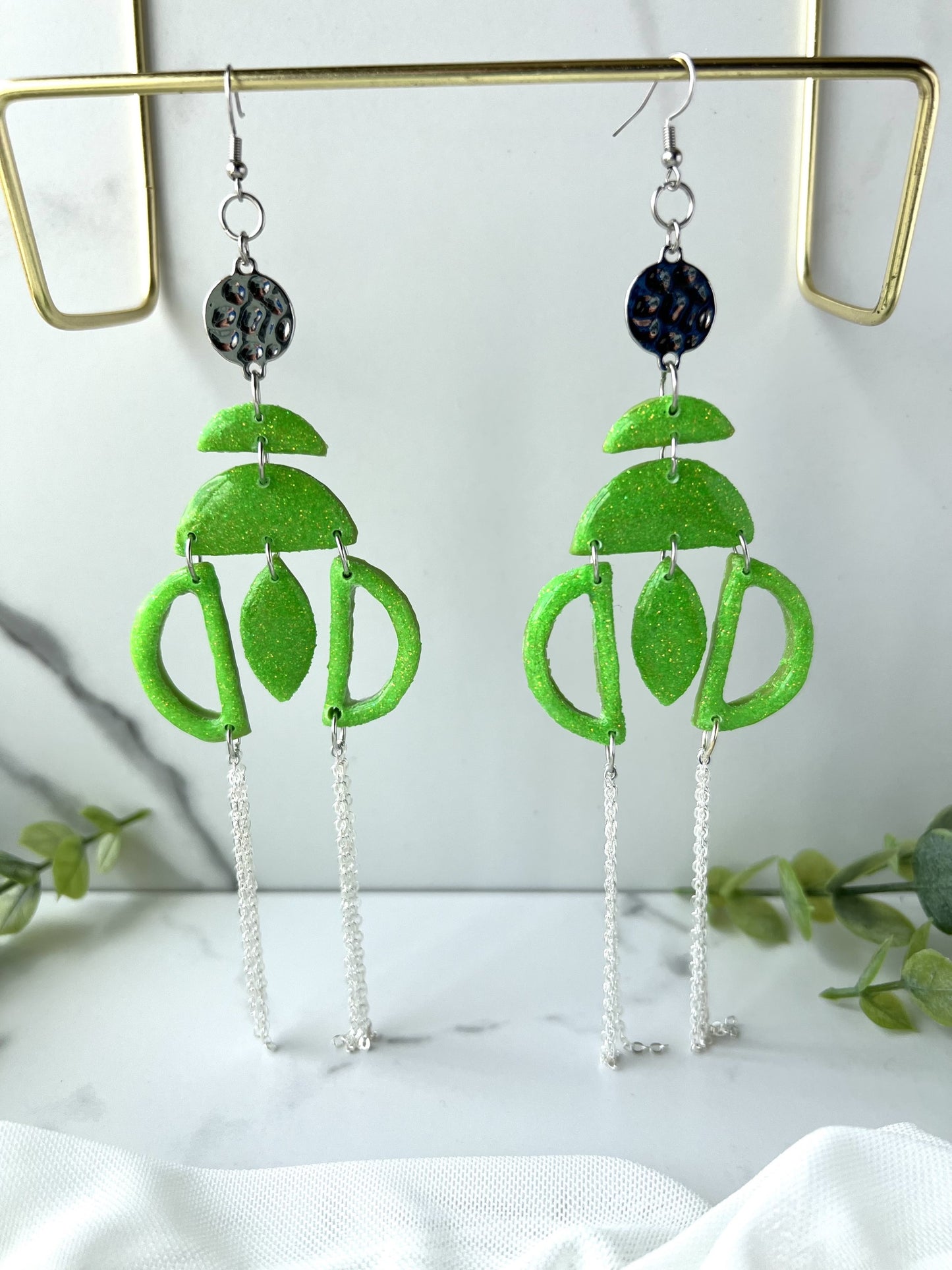 Neon Green Glitter with Silver Chain Dangles